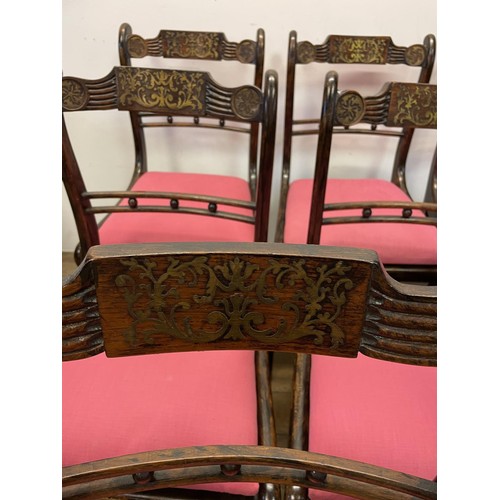 914 - A set of eight simulated rosewood bar back dining chairs, with brass inlay, on splay legs (6+2)