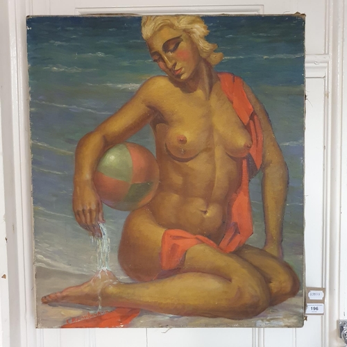 196 - 20th century, French school, study of a nude holding a beach ball, indistinctly signed, 62 x 55 cm