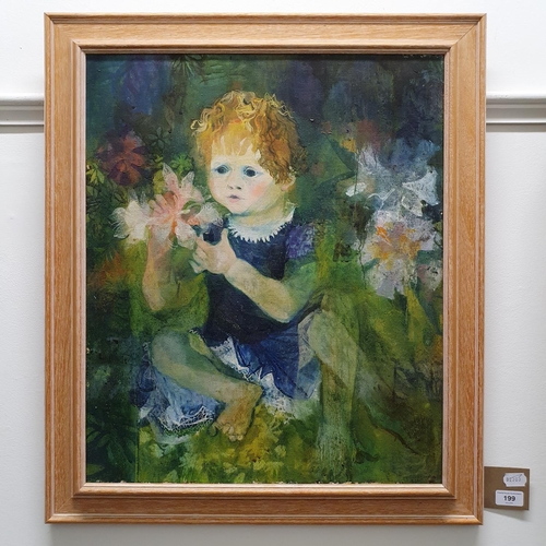 199 - 20th century, English school, study of a young child, with a flower, oil on canvas, 60 x 50 cm