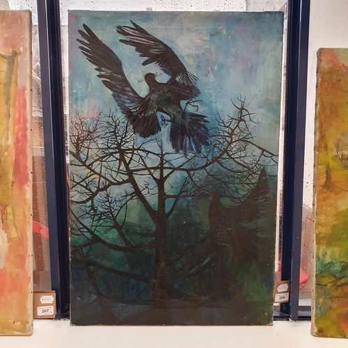 206 - Patricia Goulden Oliver, two crows, oil on canvas, signed verso, 77 x 51 cm