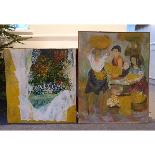 211 - Patricia Goulden Oliver, a terrace scene, oil on canvas, signed verso, 76 x 70 cm, verso also painte... 