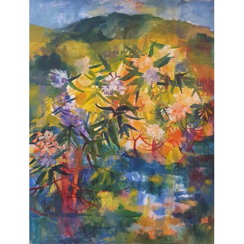 214 - Patricia Goulden Oliver, study of flowers, oil on canvas, signed verso, 92 x 72 cm, painted with fam... 