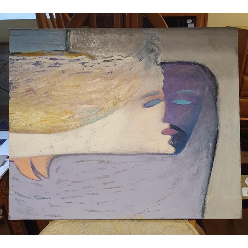 221 - 20th century, English school, abstract of two figures kissing, oil on canvas, 46 x 58 cm