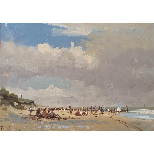 234 - Roy Petley, beach scene, oil on board, signed, 24 x 35 cm