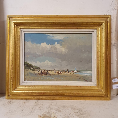 234 - Roy Petley, beach scene, oil on board, signed, 24 x 35 cm