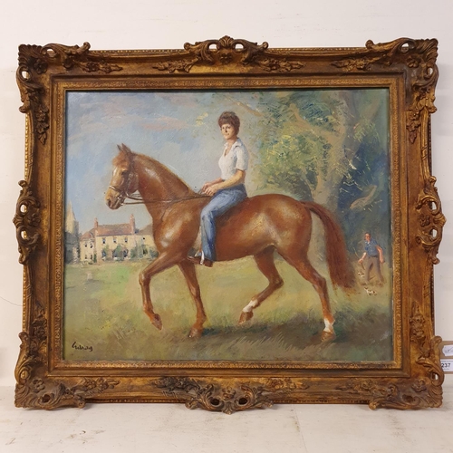 237 - John Thomas Young Gilroy (British 1898-1985), study of a woman on horseback, oil on board, signed, 5... 