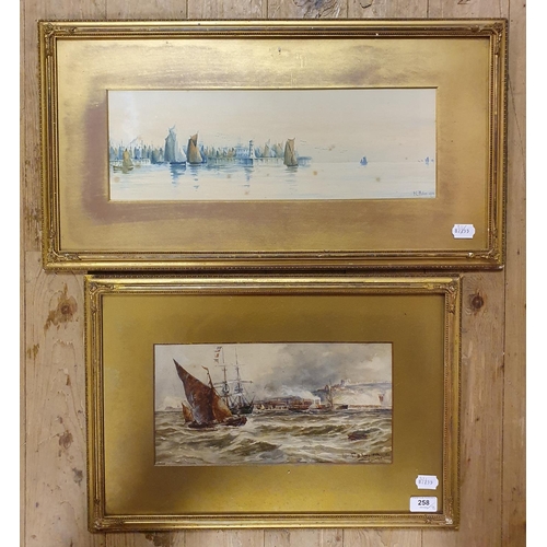 258 - After Thomas Bush Hardy (1842-1897), Shipping off Dover, watercolour, signed, 17 x 33 cm, and P C Mi... 