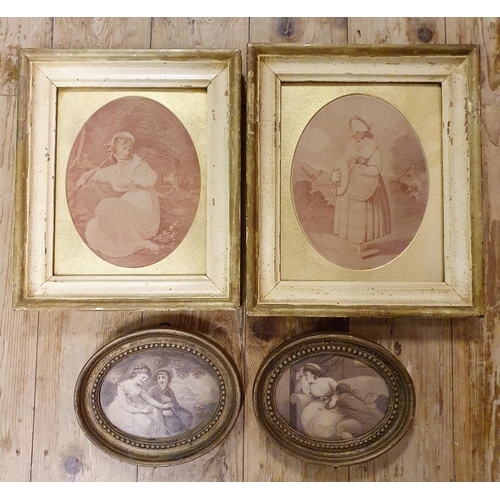 263 - A 19th century print of a lady, oval, 20 x 14 cm and its pair, and another pair of prints (4)