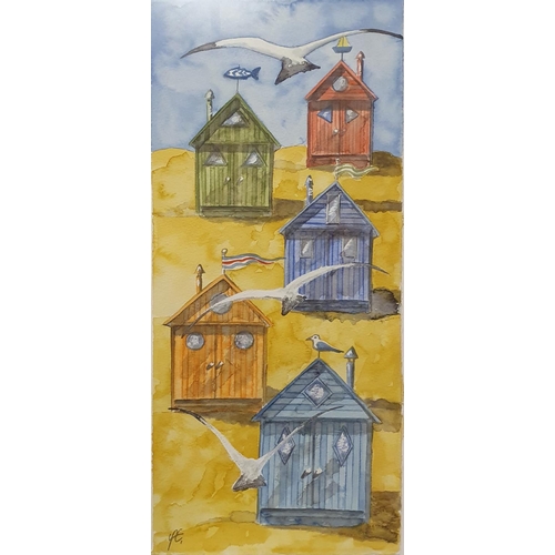 264 - Yvonne Edwards, puffins, watercolour, 38 x 10 cm, beach huts, watercolour, 55 x 25 cm, and a study o... 