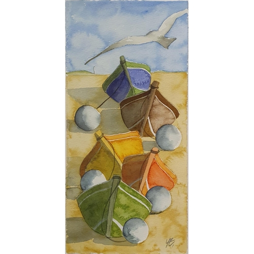 264 - Yvonne Edwards, puffins, watercolour, 38 x 10 cm, beach huts, watercolour, 55 x 25 cm, and a study o... 