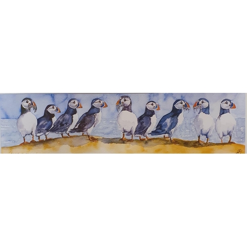 264 - Yvonne Edwards, puffins, watercolour, 38 x 10 cm, beach huts, watercolour, 55 x 25 cm, and a study o... 