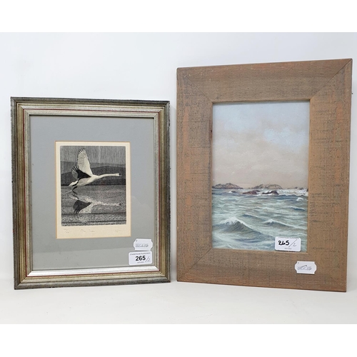 265 - Julie Brett, seascape, watercolour, signed, 23 x 14 cm, and a print, The Swan, indistinctly signed, ... 