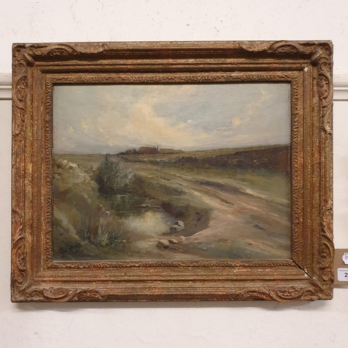 269 - Max Simmons, a landscape with farm buildings, oil on canvas, signed, 31 x 40 cm