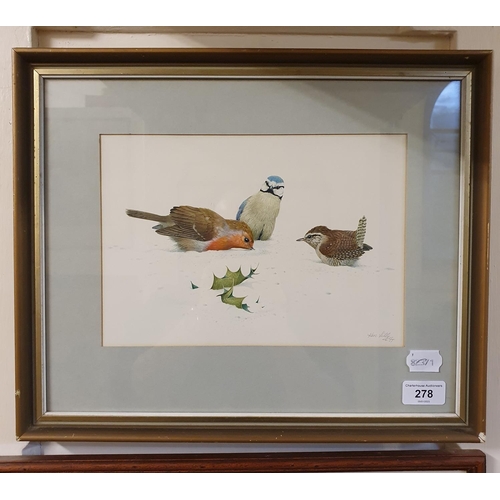 278 - Ken Lilly, study of a robin, a blue tit and a wren in snow, watercolour, signed and dated 77, 18 x 2... 