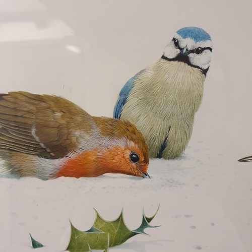 278 - Ken Lilly, study of a robin, a blue tit and a wren in snow, watercolour, signed and dated 77, 18 x 2... 