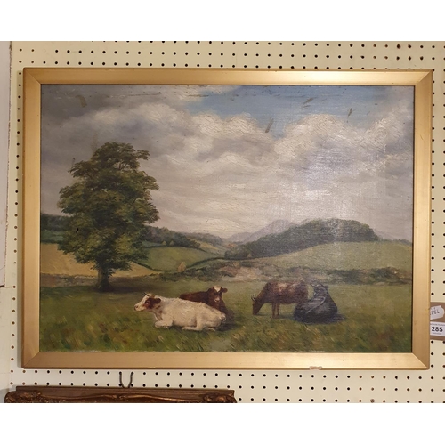 285 - Early 20th century, English school, cattle in a landscape, oil on canvas, 42 x 57 cm