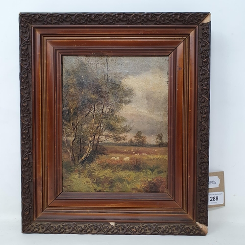 288 - Early 20th century, English school, landscape with sheep, oil on canvas, 22 x 17 cm