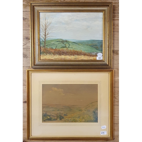 293 - English school, landscape, watercolour, indistinctly signed, 24 x 35 cm, and a landscape, Charmouth,... 