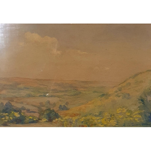 293 - English school, landscape, watercolour, indistinctly signed, 24 x 35 cm, and a landscape, Charmouth,... 