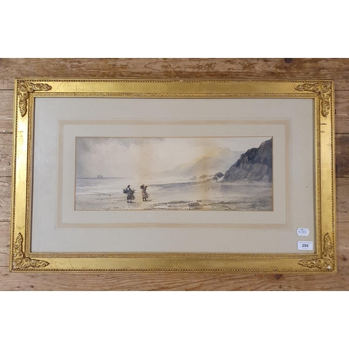 295 - W Deakin, faggot gathering on the beach, watercolour, signed, 18 x 50 cm