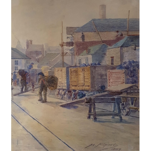 301 - H Allport, Unloading Coal, watercolour, signed, 33 x 28 cm, and B L Moss, picture of a railway stati... 