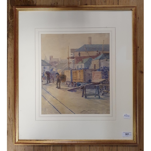 301 - H Allport, Unloading Coal, watercolour, signed, 33 x 28 cm, and B L Moss, picture of a railway stati... 