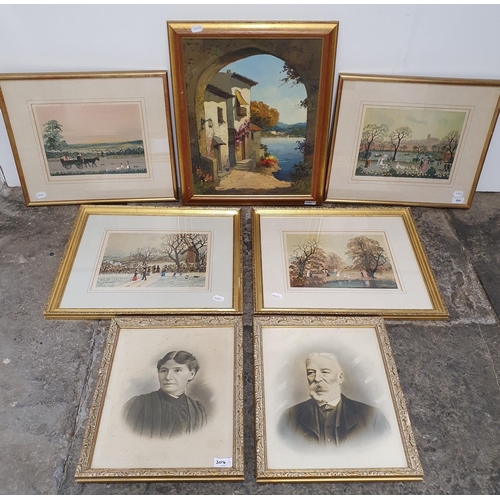 304 - A set of four prints by Helen Bradley, signed in pencil, 25 x 33 cm, a Continental landscape, oil on... 