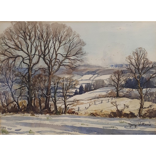 305 - Mary Williams, Winter Landscape, Sidmouth, watercolour, signed and dated 1958, 27 x 38 cm, and Farm ... 