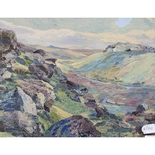 307 - B L Hove, a Welsh landscape, collage, signed, 27 x 34 cm, a woodblock print, a farmyard scene, 16 x ... 