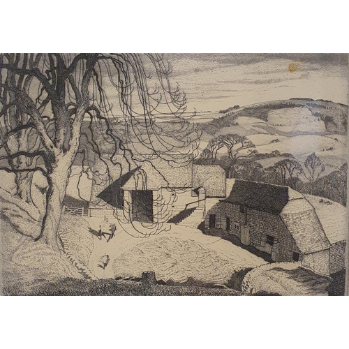 307 - B L Hove, a Welsh landscape, collage, signed, 27 x 34 cm, a woodblock print, a farmyard scene, 16 x ... 