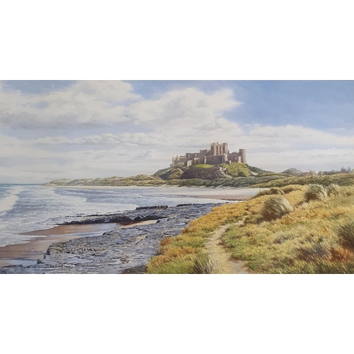 308 - Roy Lutner, Bamburgh Castle, Northumberland, watercolour, signed, 28 x 49 cm