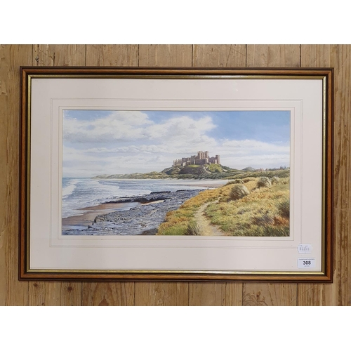 308 - Roy Lutner, Bamburgh Castle, Northumberland, watercolour, signed, 28 x 49 cm