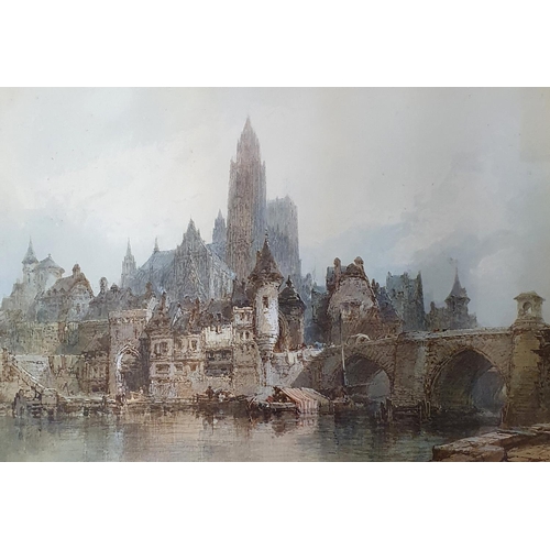 319 - Paul Marney (1829-1914), a French town with a bridge, watercolour heightened with bodycolour, indist... 