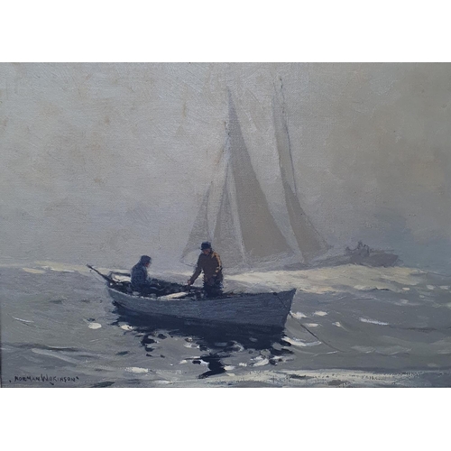 322 - Norman Wilkinson (British 1878-1971), seascape with a fishing boat and figures, signed, oil on canva... 