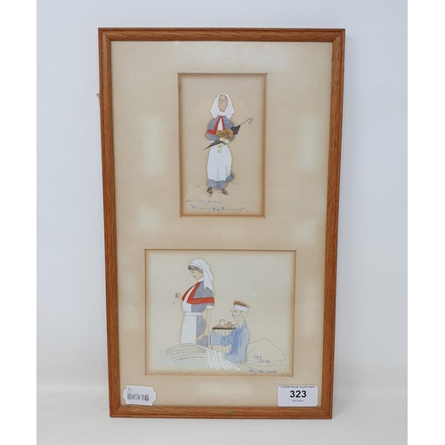 323 - Two early 20th century cartoons, monogrammed EMM, dated September 15 in one frame, the larger 12 x 1... 