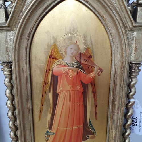 328 - Manner of Fra Angelico, an angel, in a carved wood and gilt gesso Gothic frame, 46 x 18 cm, and its ... 