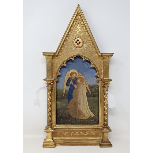 329 - Italian school, the Arkangel Gabriel, with Saint Joseph, in a carved gilt wood Gothic frame, 47 x 23... 