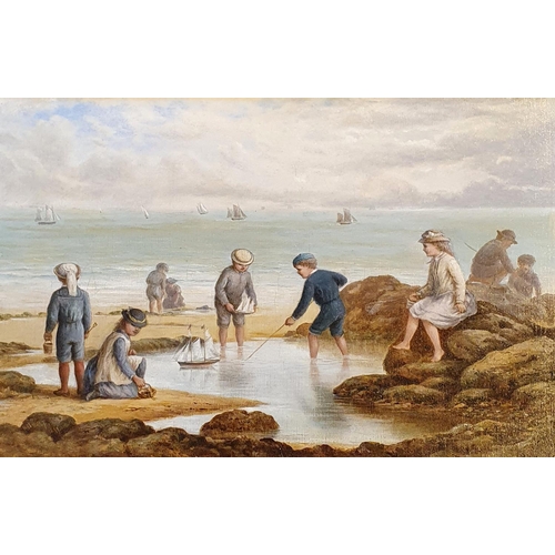 343 - H S Phillips, children playing on a beach, oil on canvas, signed nad dated 1877, 29 x 43 cm