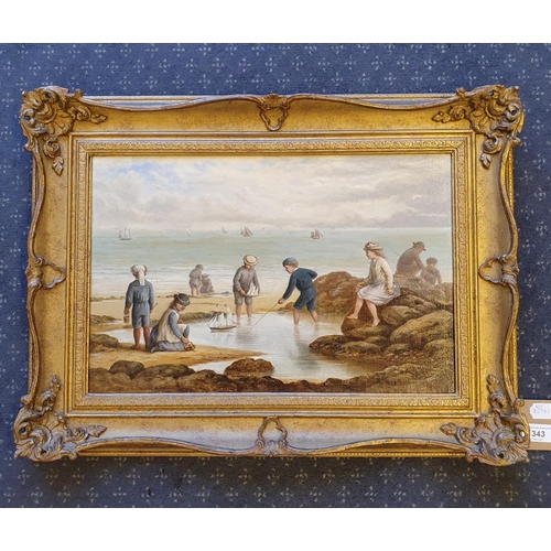 343 - H S Phillips, children playing on a beach, oil on canvas, signed nad dated 1877, 29 x 43 cm