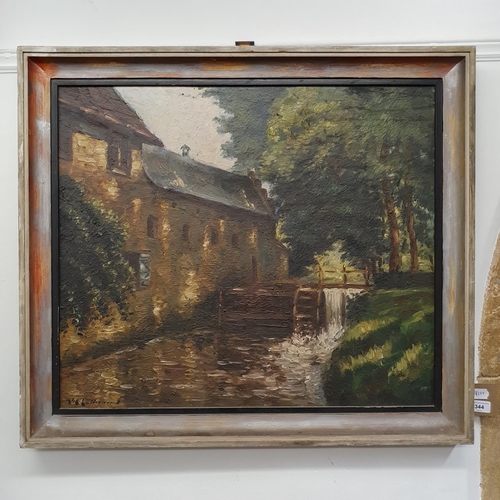 344 - 20th century, English school, landscape with a mill, oil on board, indistinctly signed, 59 x 69 cm