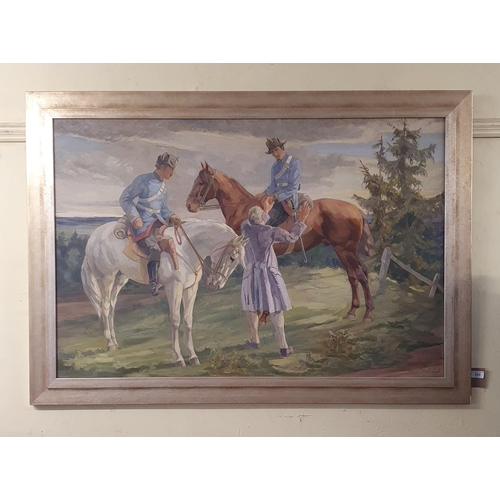 353 - 20th century, study of two officers on horseback with an attendant servant, oil on board, indistinct... 