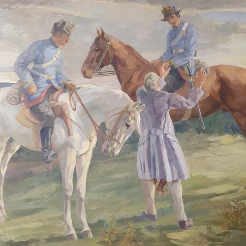 353 - 20th century, study of two officers on horseback with an attendant servant, oil on board, indistinct... 