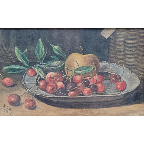 364 - M L Johnson Hill, still life of fruit, watercolour, initialed, dated 1906, 11 x 18 cm, handwritten l... 