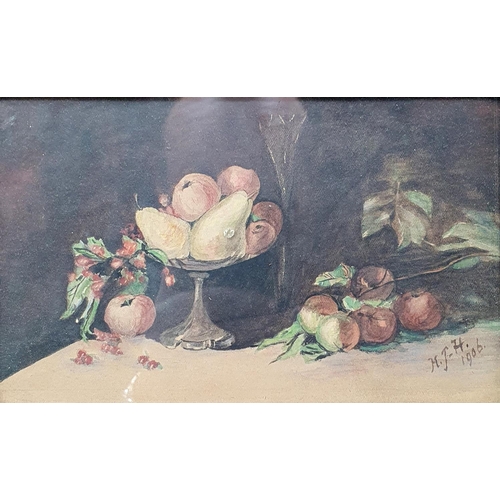 364 - M L Johnson Hill, still life of fruit, watercolour, initialed, dated 1906, 11 x 18 cm, handwritten l... 