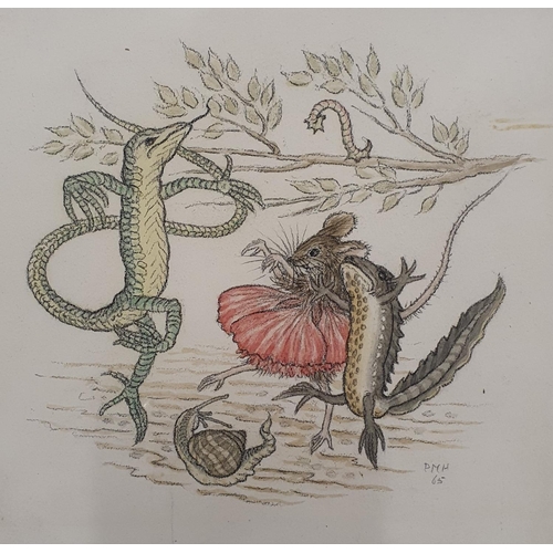 372 - 20th century, English school, study of a mouse, two lizzards, snail and a caterpillar dancing, water... 