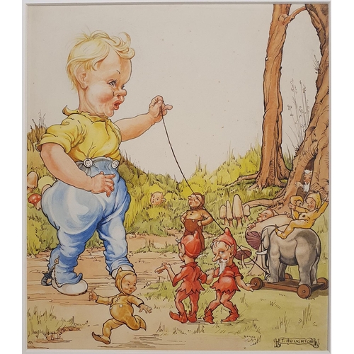 373 - F T Houghton, a toddler playing with a push along elephant, with various gnomes, watercolour, signed... 