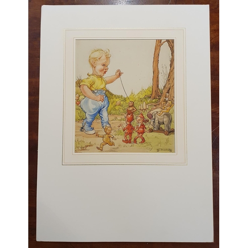 373 - F T Houghton, a toddler playing with a push along elephant, with various gnomes, watercolour, signed... 