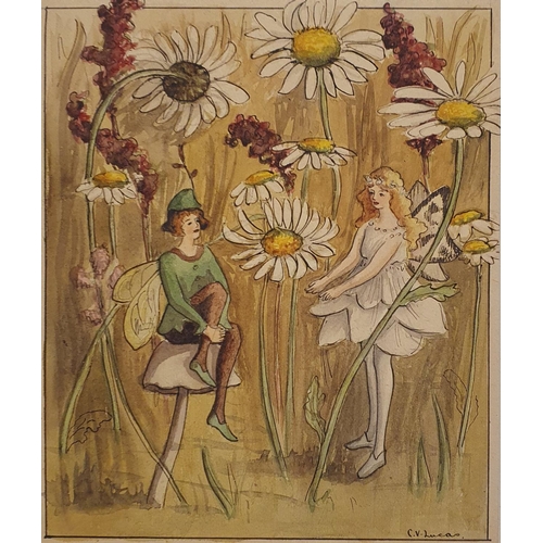 374 - C V Lucas, two fairies amongst the daisies, watercolour, signed, 19 x 17 cm