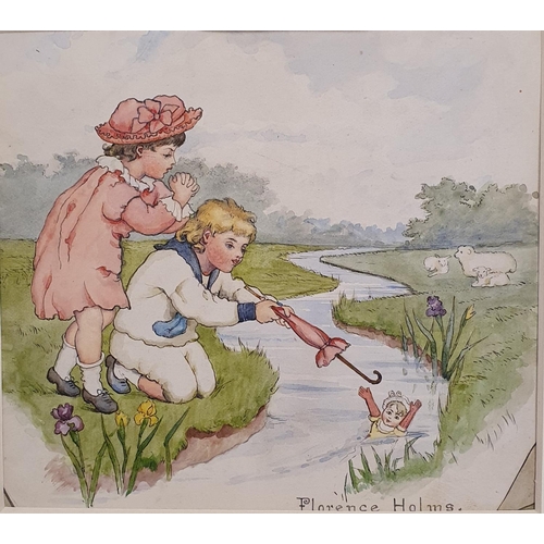 375 - Florence Holms, two children saving a doll, watercolour, 13 x 15 cm,