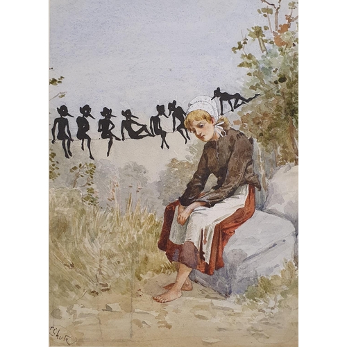 376 - E Shute, study of a woman, with nymphs, watercolour, signed, 21 x 15 cm